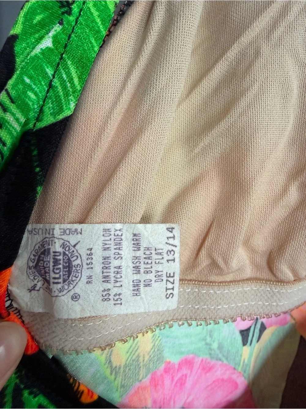 Vintage 80s One Piece Swimsuit Neon Floral Black Bow Back Made in USA ILGWU S/M